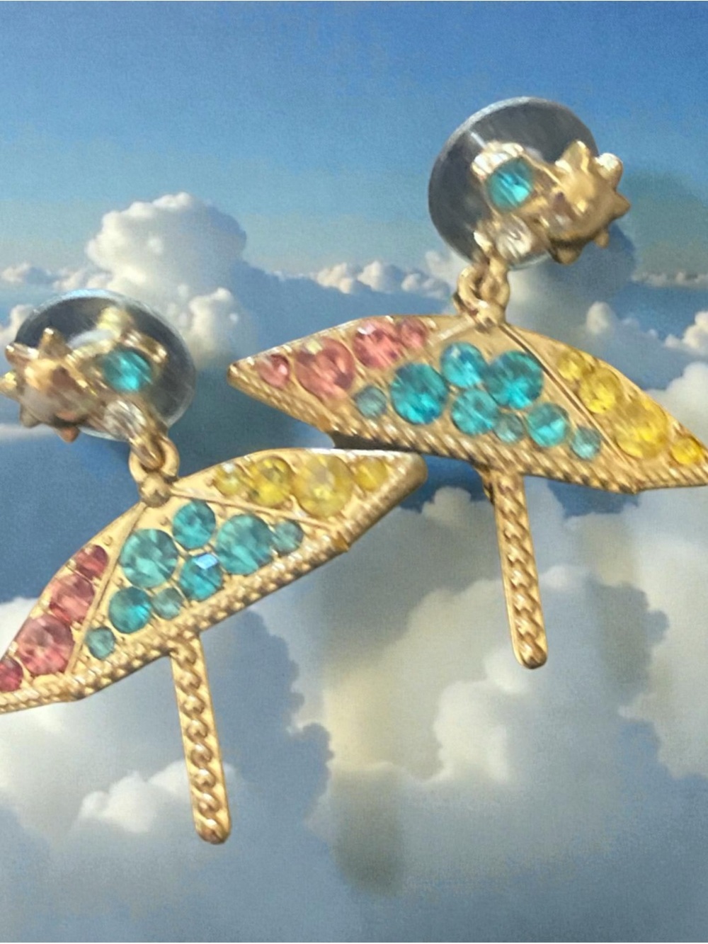 Gold Tone Umbrella Drop Earrings with Blue, Pink & Yellow Rhinestones